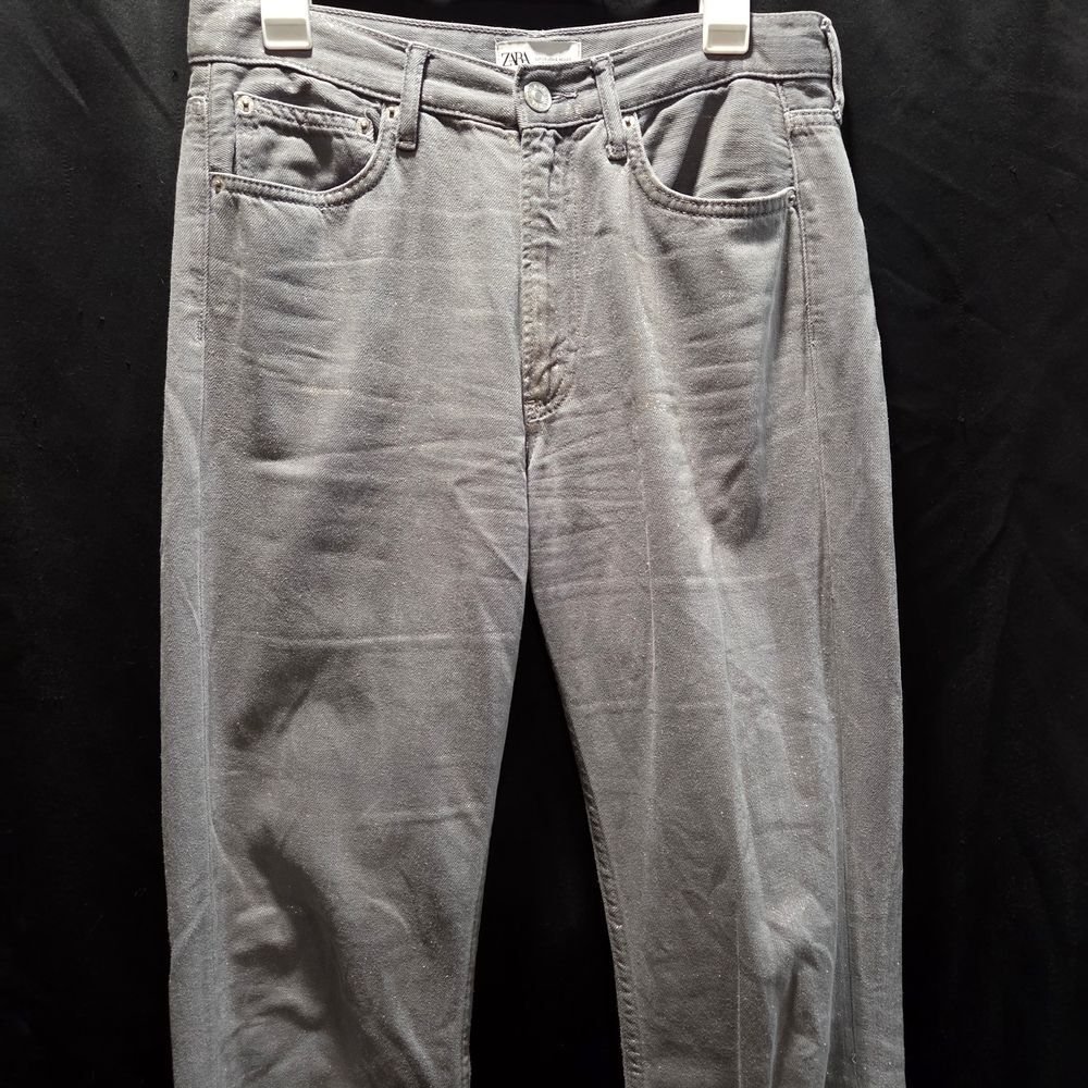 ZARA High Rise Metallic Glitter Jeans Charcoal Gray Silver Finish Denim USA 6